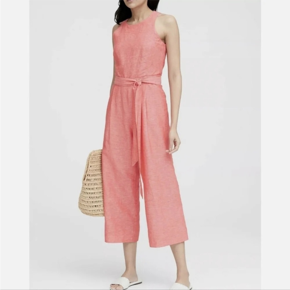 Banana Republic coral orange linen blend sleeveless belted cropped jumpsuit 6P